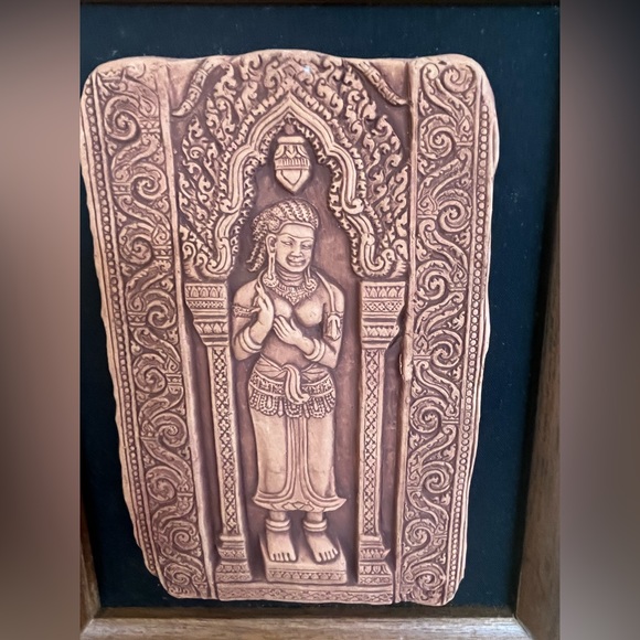 New Carved Apsara Radha Terracotta Textured Tile Panel Custom Frame 8.5" x 10.5" - Picture 2 of 6
